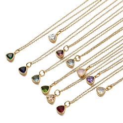 Mixed Color Triangle Cubic Zirconia Pendant Necklaces, Ion Plating(IP) 304 Stainless Steel Cable Chain Necklace for Women, Golden, Mixed Color, 17.91 inch(45.5cm)
