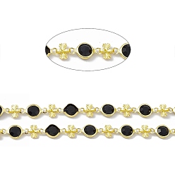 Real 18K Gold Plated Handmade Brass Flat Round & Heart Link Chains, with Black Glass Beaded, Soldered, with Spool, Real 18K Gold Plated, 6.5x13x2.5mm, 6.5x12.5x2mm, 6.5x5.5x2mm