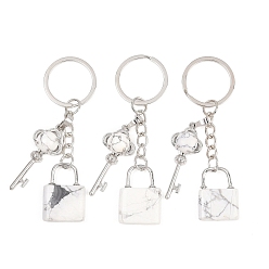 Говлит Брелки с подвеской из натурального говлита, Замок и ключ, с разъемным кольцом для ключей из латуни и железа, стойки покрытие, долговечный, платина, 80 мм