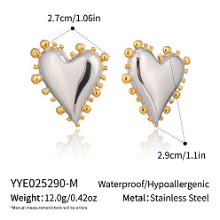 Платиновый & Золотой Двухцветное сердце 304 серьги-гвоздики из нержавеющей стали, платиной и золотом, 29x27 мм