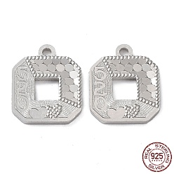 Real Platinum Plated Rhodium Plated 925 Sterling Silver Charms, Square with Polka Dot & Word Love & Number 520 Charm, Textured, for Valentine's Day, Real Platinum Plated, 12x10x1.2mm, Hole: 1.2mm