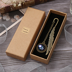 Light Sky Blue Alloy Feather Shape Bookmark, with Long Chain & Flat Round Pendant, Constellation Pattern, Light Sky Blue, 115mm