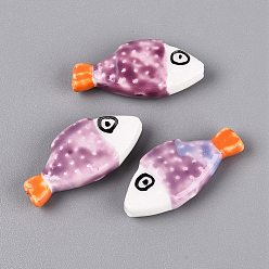 Old Rose Hand Painted Fish Shaped Porcelain Beads, Polka Dot Animal Ceramic Beads, Old Rose, 28.5~29x13~14x5.5~6mm, Hole: 1.6~2mm