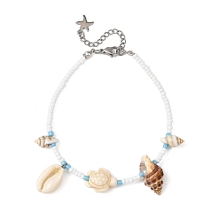 Stainless Steel Color Ocean Natural Mixed Shell & Synthetic Turquoise Turtle & Glass Seed Beaded Anklets for Women, White, Stainless Steel Color, 9 inch(228mm)