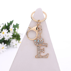 Letter E Crystal Rhinestone Initial Letter with Crown Pendant Keychains, with Light Gold Alloy Findings, Letter.E, 10~10.5cm, alphabet: 40~46x20~45mm