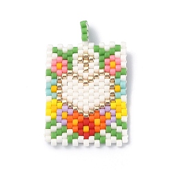 White Handmade Japanese Seed Loom Pattern Seed Beads, Rectangle with Heart Pendants, White, 32x19.5x1.5mm, Hole: 2.5mm