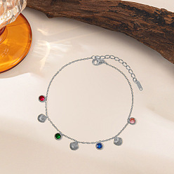 Нержавеющая Сталь Цвет 304 Браслеты из нержавеющей стали с подвесками из цветного кубического циркония, браслеты-цепочки для женщин, форма раковины и плоская круглая, цвет нержавеющей стали, 6.69 дюйм (17 см)