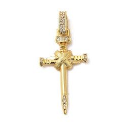 Real 18K Gold Plated Rack Plating Brass Micro Pave Clear Cubic Zirconia Pendants, Long-Lasting Plated, Cadmium Free & Lead Free, Cross Charms, Real 18K Gold Plated, 38.5x20.5x3mm, Hole: 4x6.5mm