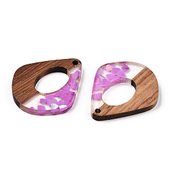 Violet Transparent Resin & Walnut Wood Pendants, Kite Charms with Heart Paillettes, Waxed, Violet, 32.5x27.5x3.5mm, Hole: 2mm
