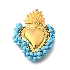 Небесно-голубой 304 подвески из нержавеющей стали, со стеклянными бисеринами, очарование священного сердца, реальный 18 k позолоченный, голубой, 44~44.5x34~35x7 мм, отверстие : 1.2 мм