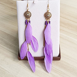 Lilac Feather Tassel Dangle Earrings, Bohemia Style Long Drop Earrings for Women, Lilac, 60x17mm