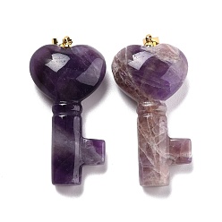 Amethyst Natural Amethyst Pendants, with Golden Brass Jump Ring, Key with Heart, 43x22x10.4mm, Hole: 3.8x5mm