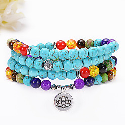 Lotus - 108 pieces of turquoise Colorful Natural Stone Yoga OM Tree Lotus Charm Bracelet with 108 Turquoise Beads