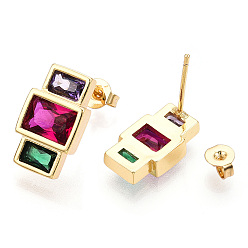 Colorful Cubic Zirconia Rectangle Dangle Stud Earrings, Real 18K Gold Plated Brass Jewelry for Women, Nickel Free, Colorful, 14.5x8.5mm, Pin: 0.8mm