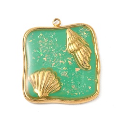 Весенне-зеленый 304 подвески из нержавеющей стали, эпоксидной смолы, с натуральными ракушками и пайетками внутри, квадрат с подвесками в форме ракушек, реальный 18 k позолоченный, вакуумное покрытие pvd, весенний зеленый, 25.5x22x3 мм, отверстие : 1.5 мм