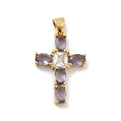 Slate Blue Rack Plating Brass Micro Pave Cubic Zirconia Pendants, Long-Lasting Plated, Lead Free & Cadmium Free, Cross, Real 18K Gold Plated, Religion, Slate Blue, 26.5x18x4mm, Hole: 3.5x4mm