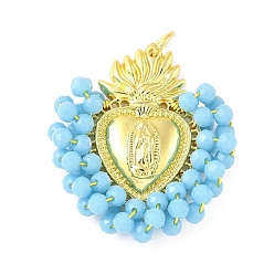 Темно-Голубой Латунь стекло кулоны, Сердце с Девой Марией, с петлей, долговечный, без кадмия и без свинца, стойки покрытие, реальный 18 k позолоченный, граненые, глубокое синее небо, 35.5x30.5x8 мм, отверстие : 5.6 мм