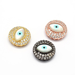 Mixed Color Flat Round Brass Micro Pave Cubic Zirconia Beads, with Eye Shell Beads, Cadmium Free & Nickel Free & Lead Free, Clear, Mixed Color, 15x6~7mm, Hole: 1mm
