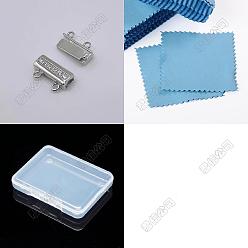 Platinum 925 Sterling Silver Crystal Rhinestone Box Clasps, 4-Hole, 2-Strand, with Suede Fabric Square Silver Polishing Cloth, Rectangle, Platinum, 10x14.5x5.5mm, Hole: 1.2mm