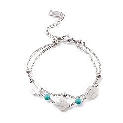 Stainless Steel Color 304 Stainless Steel Multi-strand Bracelets, with Synthetic Turquoise Beads and Lobster Claw Clasps, Cactus, Stainless Steel Color, 6-1/4 inch(16cm)