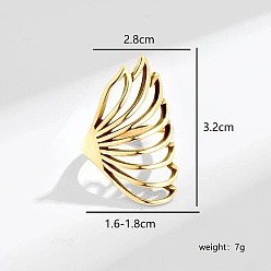 Golden Brass Finger Rings for Women, Hollow Feather Wing, Golden, Inner Diameter: 16~18mm