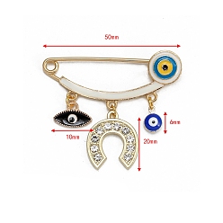 Arch Evil Eye Alloy Rhinestone Charms Brooch, with Enamel, Golden, Arch, 50mm, Pendant: 6~20mm