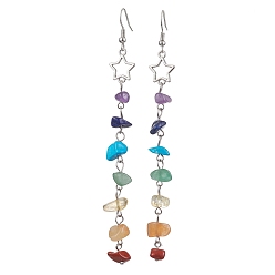 Star Chakra Theme Natural & Synthetic Gemstone Chip Dangle Earrings, Hollow Alloy Earrings for Women, Star, 110x12mm