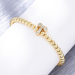 Letter T Латунные круглые бусины эластичные браслеты, Подвеска в виде буквы из латуни с микропаве из прозрачного кубического циркония для женщин, без свинца и без кадмия, стойки покрытие, реальный 18 k позолоченный, Письмо T, внутренний диаметр: 2~2-1/8 дюйм (5~5.5 см)