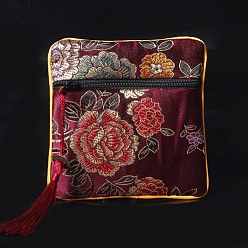 Rojo Oscuro Bolsas cuadradas de borlas de tela de estilo chino, con la cremallera, Para la pulsera, Collar, de color rojo oscuro, 11.5x11.5 cm