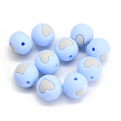 Cornflower Blue Round with Heart Pattern Food Grade Silicone Beads, Chewing Beads For Teethers, DIY Nursing Necklaces Making, Cornflower Blue, 15mm
