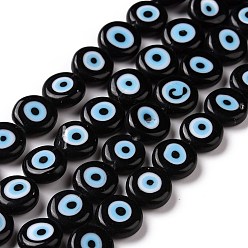 Black Handmade Evil Eye Lampwork Flat Round Bead Strands, Black, 10x4mm, Hole: 1mm, about 38pcs/strand, 14.96 inch