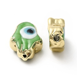Lime Vert Main mal de perles au chalumeau des yeux, avec bord en laiton plaqué or, plaqué longue durée, Hamsa main, lime green, 15~17x11.5~12.5x5~5.5mm, Trou: 1.8mm