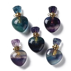 Fluorite Natural Fluorite Heart Perfume Bottle Pendants, with Golden Tone Stainless Steel Findings, Essentail Oil Diffuser Charms, for Jewelry Making, 32.5~34x21x11.5~13.5mm, Hole: 1.8mm