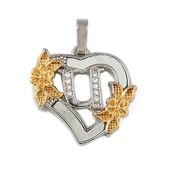 Letter U Латунь микропаве фианиты с подвесками-ракушками, Сердце и письмо, долговечный, без свинца и без кадмия, стойки покрытие, Буква U, 20x20.5x3 мм, отверстие : 3.5x5 мм