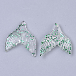 Green Transparent Resin Pendants, with Sequins/Paillette, Fishtail Shape, Green, 33x29x4.5mm, Hole: 1.6mm