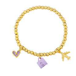 purple Fun and Cute Coffee Cup Airplane Heart Bead Bracelet for Trendy European Style