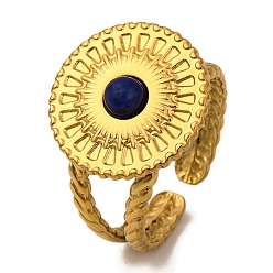 Ляпис-Лазурь Природные лазурит кольца палец, плоские круглые золотистые тона 304 манжеты из нержавеющей стали для женщин, 16.5 мм, внутренний диаметр: регулируемый