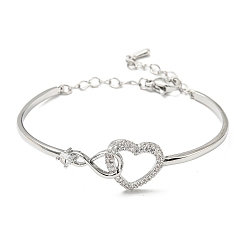 Platinum Infinity Heart Brass with Clear Cubic Zirconia Cuff Bangle with Safety Chains, Platinum, Inner Diameter: 2-1/8x1-5/8 inch inch(5.45x4.05cm)