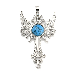 Synthetic Turquoise Synthetic Turquoise Dyed Big Pendants, Cross with Wing Charms, with Platinum Plated Brass Findings, 52.5x32x7~7.5mm, Hole: 4x8mm & 2mm
