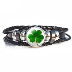 Dark Green Glass Clover Braided Bead Bracelet, PU Leather Triple Layered Bracelet for Women, Dark Green, 7-1/2~11 inch(19~28cm)
