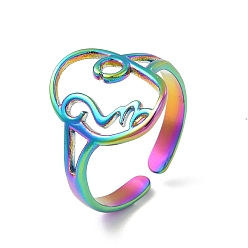 Rainbow Color Ion Plating(IP) 304 Stainless Steel Abstract Face Open Cuff Ring for Women, Rainbow Color, US Size 6 1/2(16.9mm)
