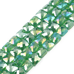 Sea Green Electroplate Opaque Solid Color Glass Beads Strands, AB Color Plated, Faceted, Square, Sea Green, 6.5x6.5x4.5mm, Hole: 1.2mm, about 97~99Pcs/strand, 25 inch(63.5cm)