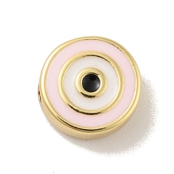Lavender Blush Brass Beads, with Enamel, Cadmium Free & Lead Free, Long-Lasting Plated, Flat Round with Evil Eye, Real 18K Gold Plated , Lavender Blush, 10x4mm, Hole: 1.2mm