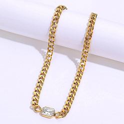 Clear Cubic Zirconia Rectangle Pendant Necklace, with Golden Stainless Steel Cuban Link Chains, Clear, 18.90 inch(48cm)