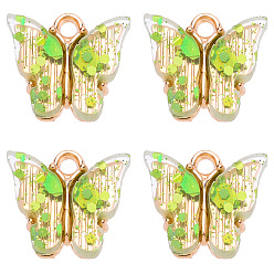 Green Yellow Transparent Acrylic Charms, with Golden Tone Alloy Findings and Sequins, Butterfly Charm, Green Yellow, 14x14mm