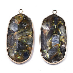 Light Gold Assembled Synthetic Pyrite and Kyanite/Cyanite/Disthene Pendants, with Brass Edge and Loop, Oval, Light Gold, 49.5x23.5x5mm, Hole: 2mm