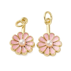 Pink Латунь эмаль подвески, цветок, с ABS имитации жемчуга, стойки покрытие, долговечный, с целью перехода в кольце, без кадмия и без свинца, с целью перехода в кольце, розовые, 17x10.5x4 мм, отверстие : 3 мм