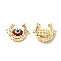 Chocolate Rack Plating Real 18K Gold Plated Brass Micro Pave Clear Cubic Zirconia Connector Charms, Horseshoe Links, with Handmade Evil Eye Lampwork, Cadmium Free & Lead Free, Long-Lasting, Chocolate, 18.5x23x4mm, Hole: 1.5mm