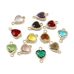 Mixed Color Transparent K9 Glass Connector Charms, Heart Links, with Light Gold Tone Brass Findings, Mixed Color, 14x8.5x3.7mm, Hole: 1.8mm
