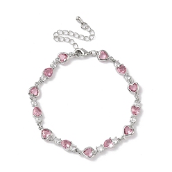 Pink Браслеты из кубического циркония в форме сердца, украшения из латуни для женщин, реальный 18 k позолоченный, Реальная платина, розовые, 7 дюйм (17.9 см)